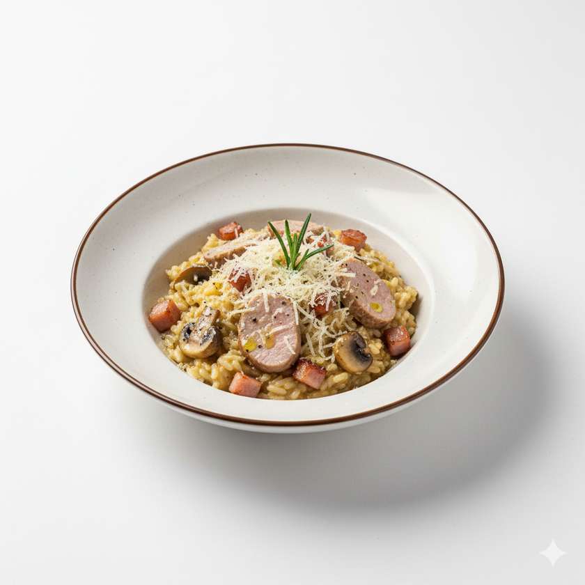 Risotto con carneSuperfino rice, pork tenderlion, pancetta, champignon, parmesan, garlic, rosemary