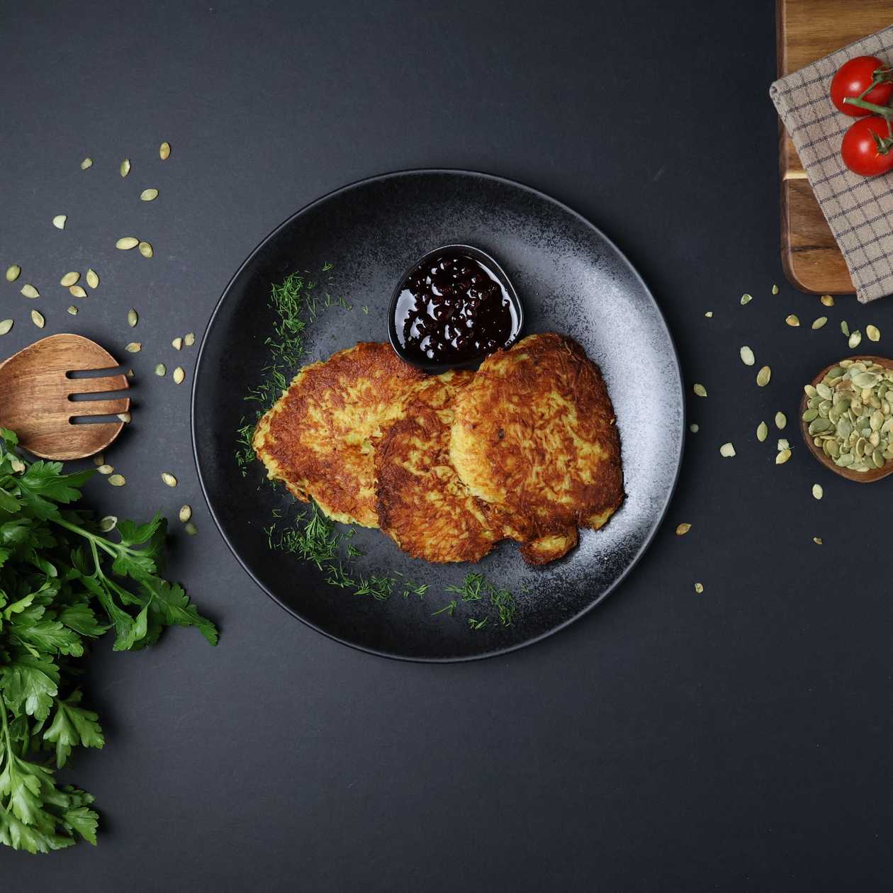 Potato pancakes with lingonberry jam