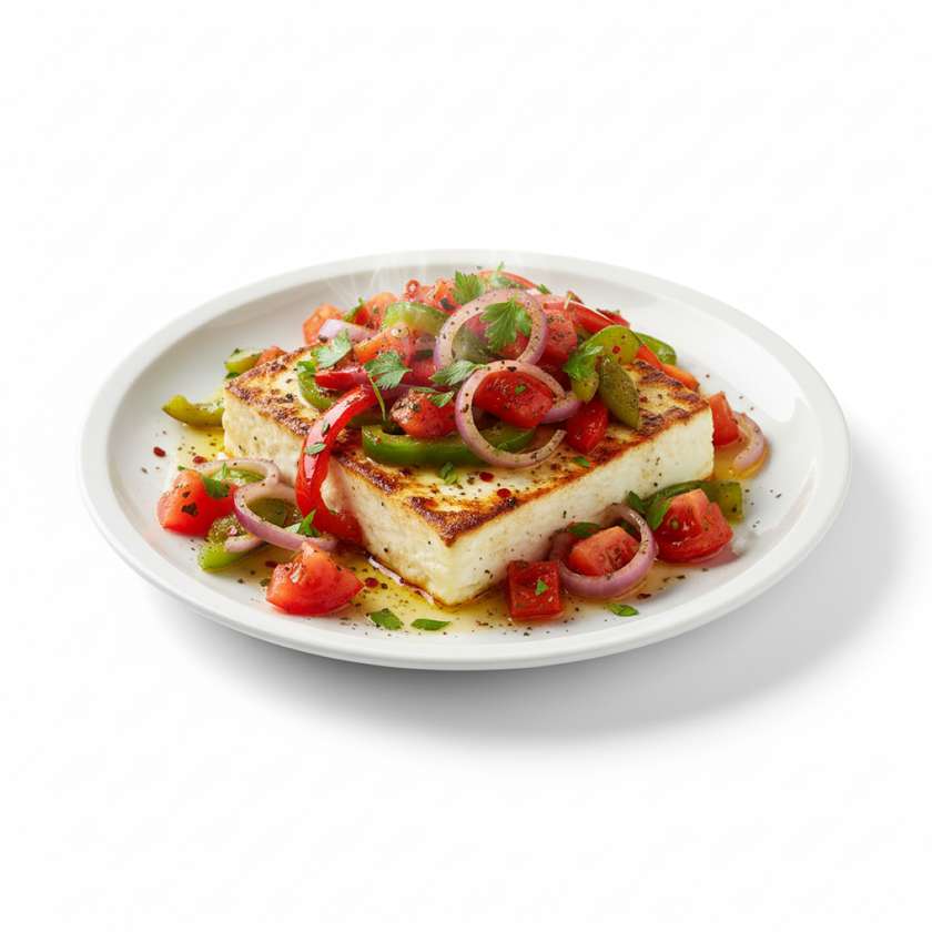 Syr feta grilovaný s paprikou, cibuľou a paradajkou