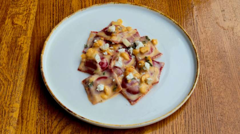 Beetroot ravioli with goat cheese