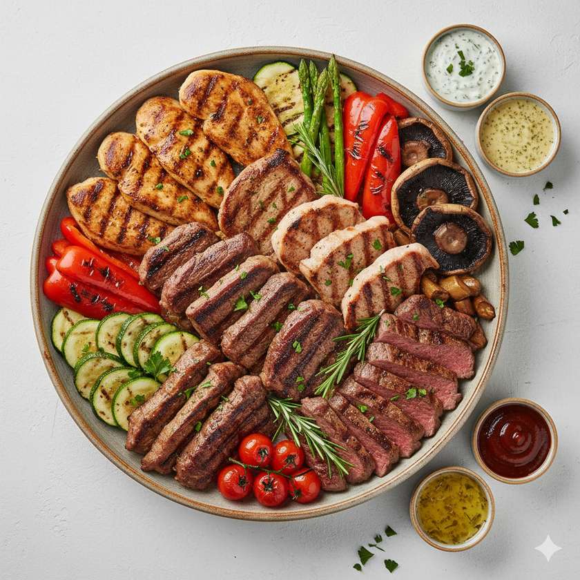 Mixed grill for 2 or more people with grilled vegetables and a variety of dressings