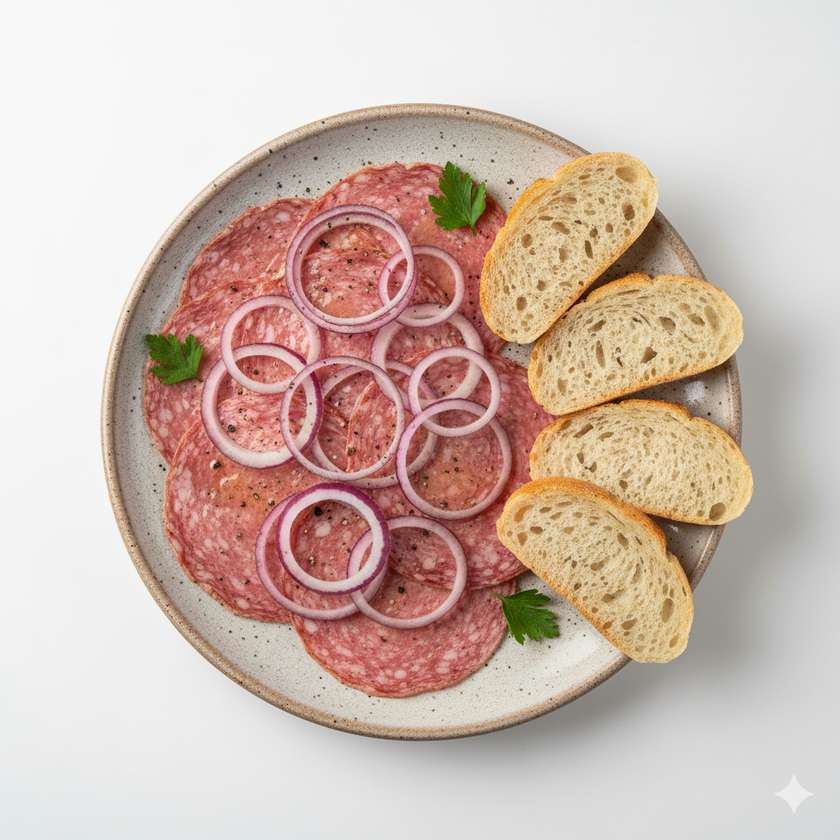 Thinly sliced gothaj sausage with onion and vinegar, bread
