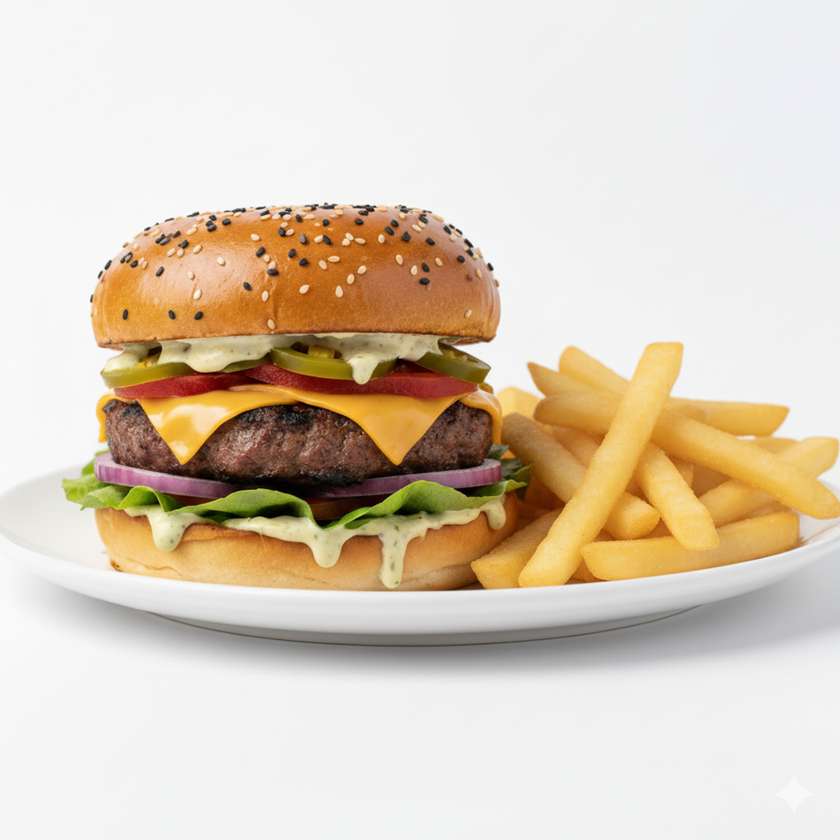 Beef Jalapenos Burger, Fries