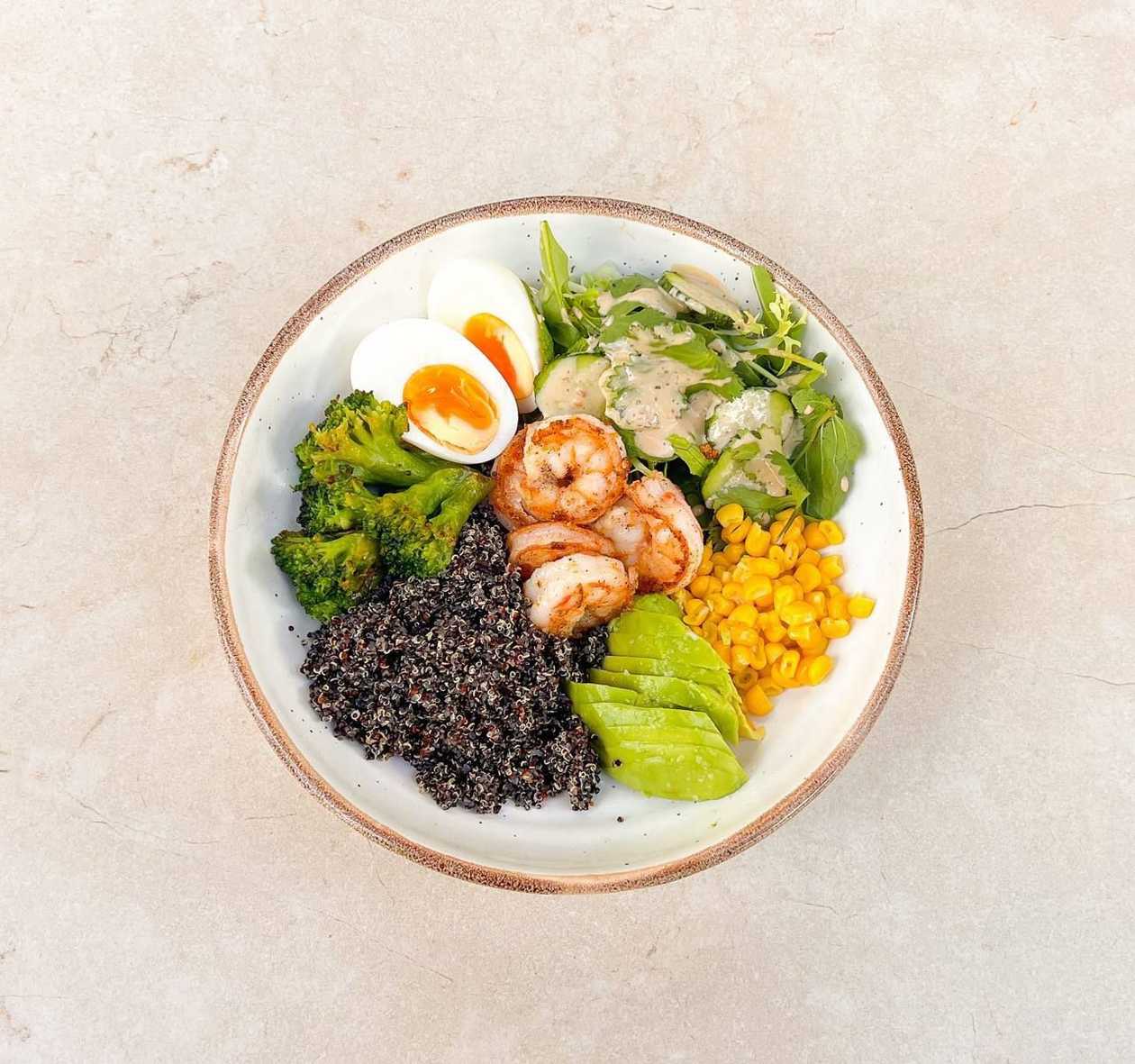 Quinoa Bowl with Shrimp, Avocado, Egg, and Vegetables