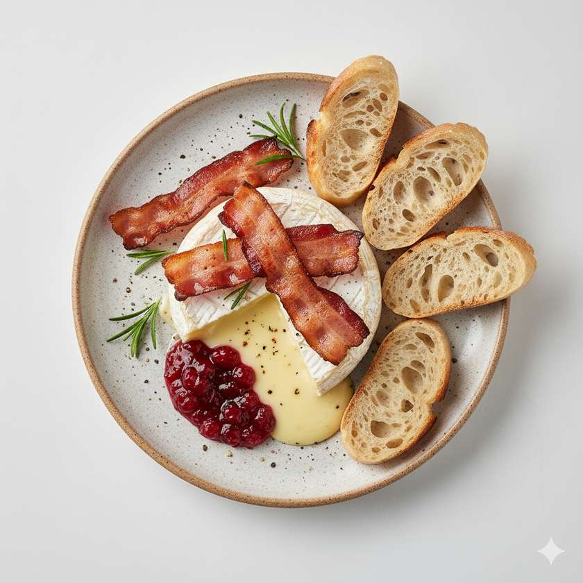 Baked camembert cheese with English bacon and cranberries, bread