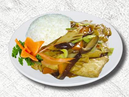 Tofu with Bamboo Shoots and Mushrooms, Rice