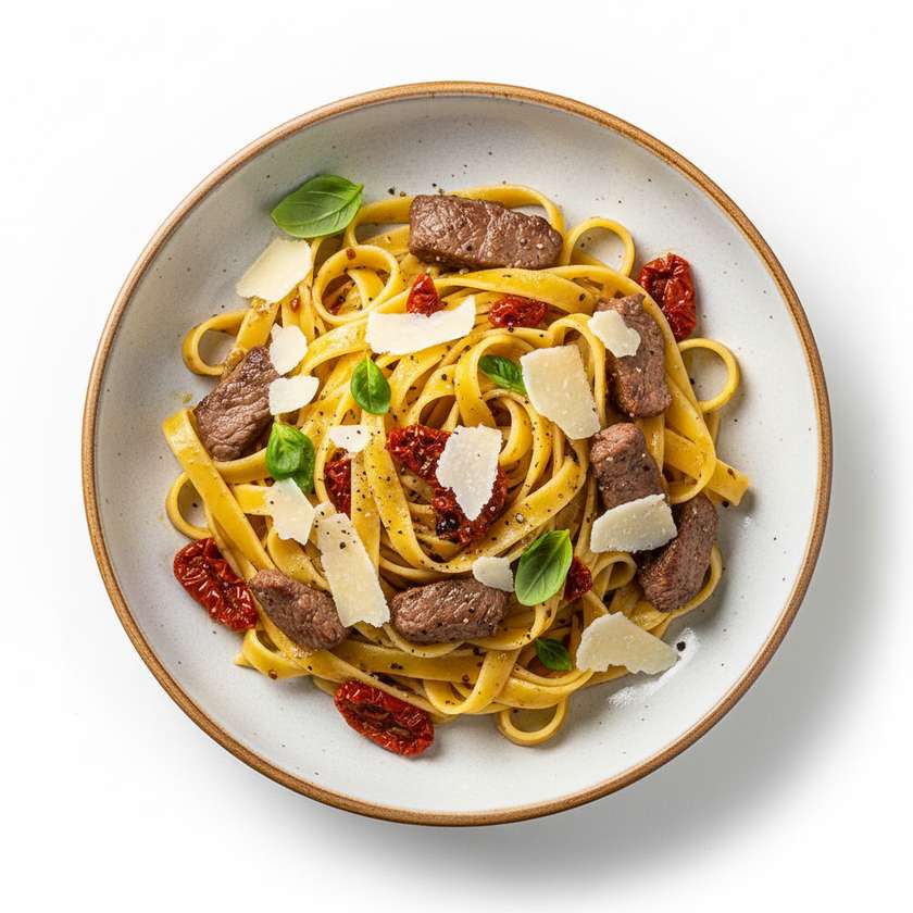 Tagliatelle with Pieces of Beef Sirloin, Pecorino Cheese and Dried Tomatoes