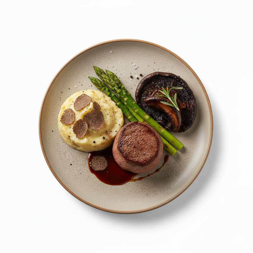 Veal Fillet Mignon with Portobello Confit, Truffle Puree and Roasted Asparagus