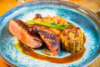 Duck Breast with Sweet Potato, Broccolini and Corn