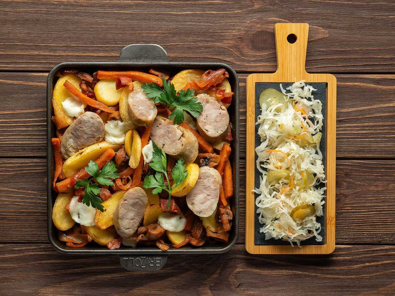 Pan of Potatoes and Homemade Sausage