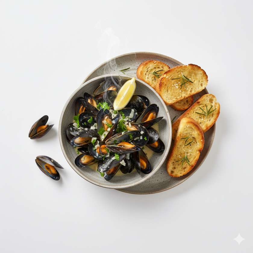Mussels in White Wine Sauce Served with Homemade Baked Focaccia