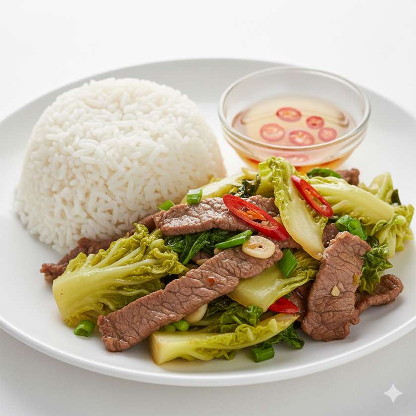 Beef with pickled mustard cabbage and rice