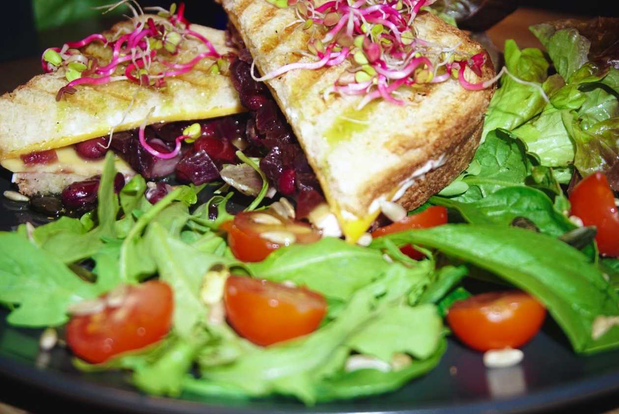 Grilled cheese sandwich with caramelized onion and beans