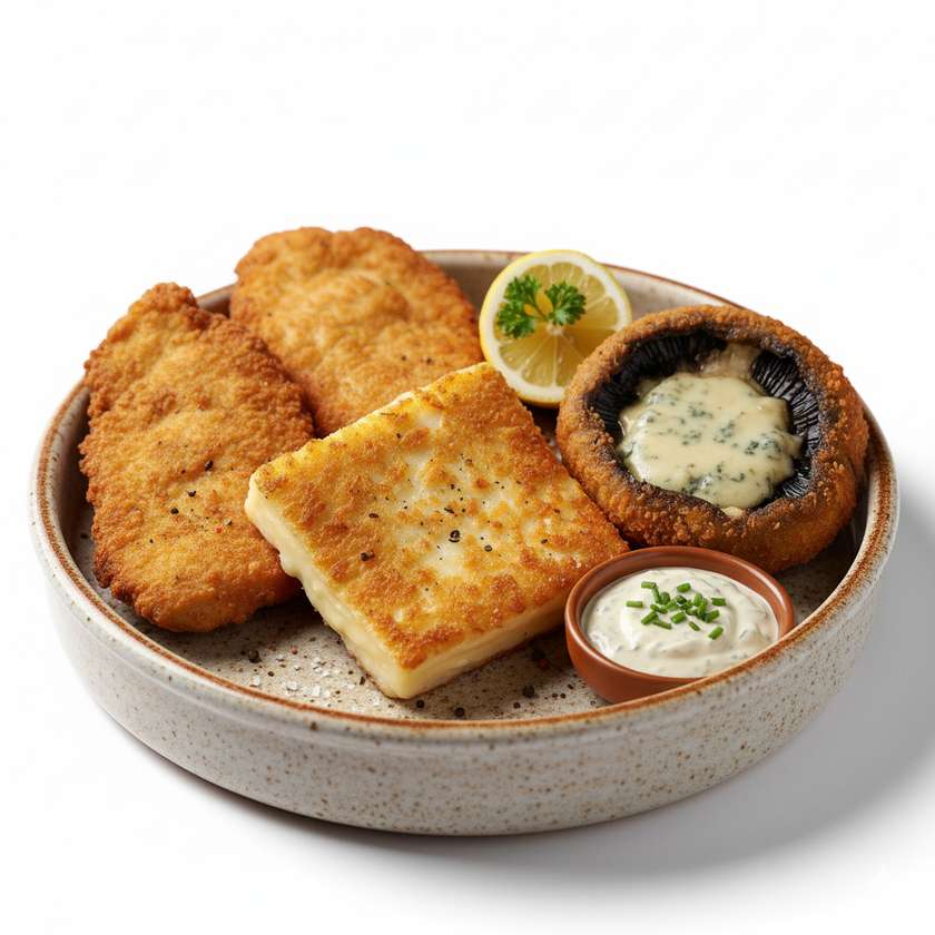 Houmrův smažený čtyřboj (kuřecí+vepřový řízek, eidam, žampion plněný nivou) tatarka