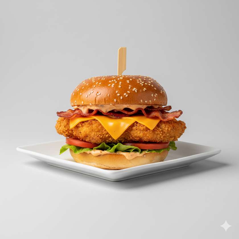 Kuřecí burger (kuřecí maso, slaninka, čedar, americký dip, zelenina)