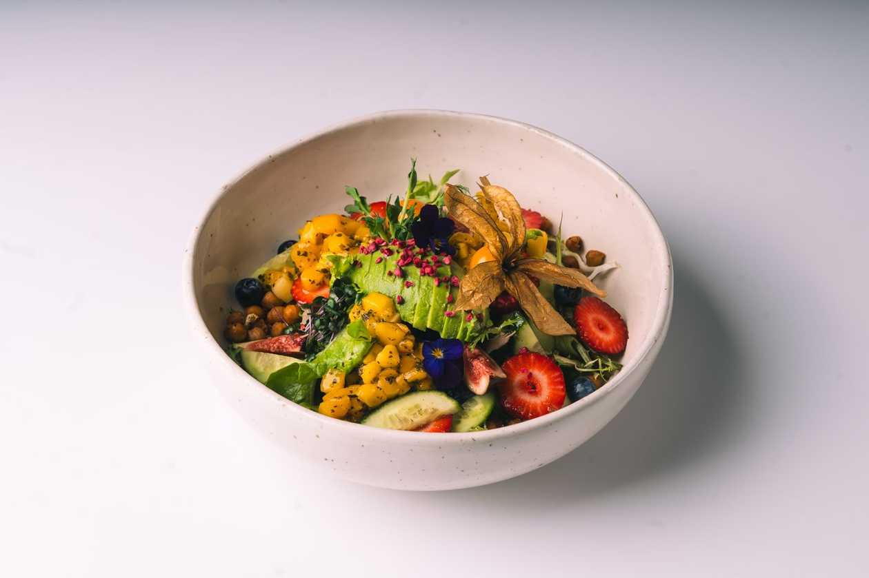Leaf Salad with Mango Salsa, Avocado and Berries