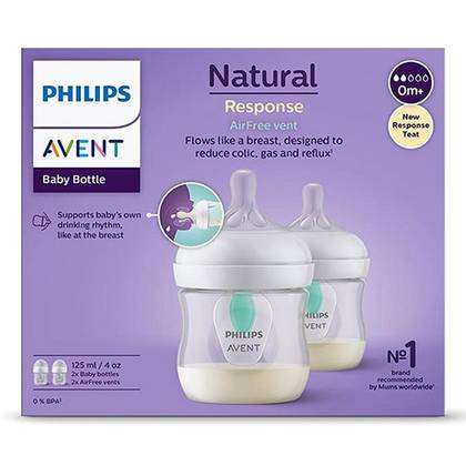 Avent Natural Feeding Bottle with Valve, 125ml, 0+ Months, #0352, Pack of 2