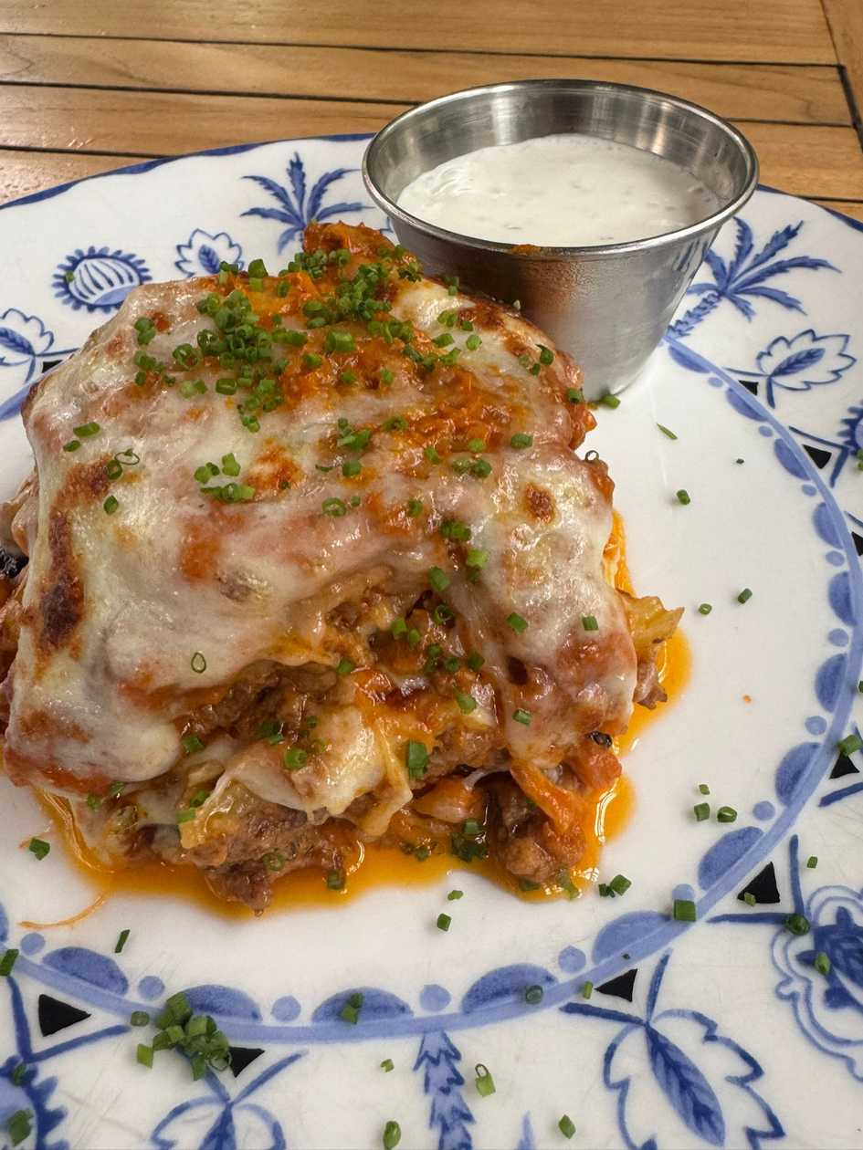 Potato Moussaka with Ragu and Tzatziki Sauce