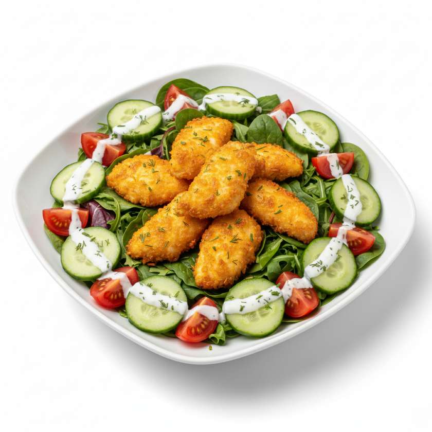 Salad with chicken in cheese batter