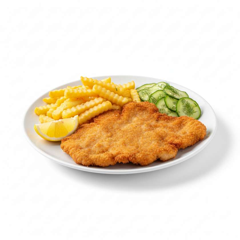 Fried pork schnitzel, potatoes, cucumber, lemon