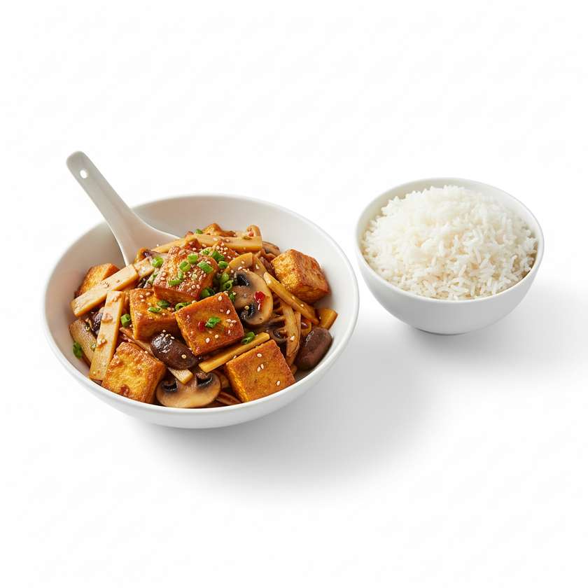 Tofu s bambusem a houbami s rýží