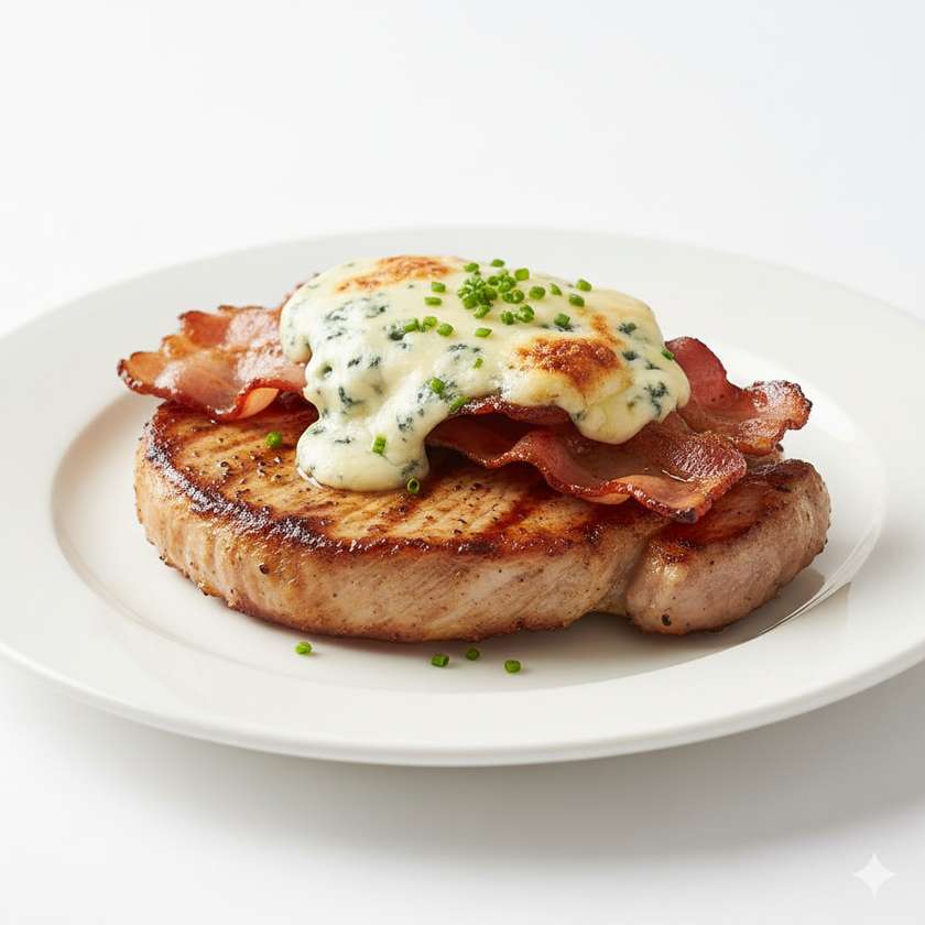 Pork steak with bacon and blue cheese