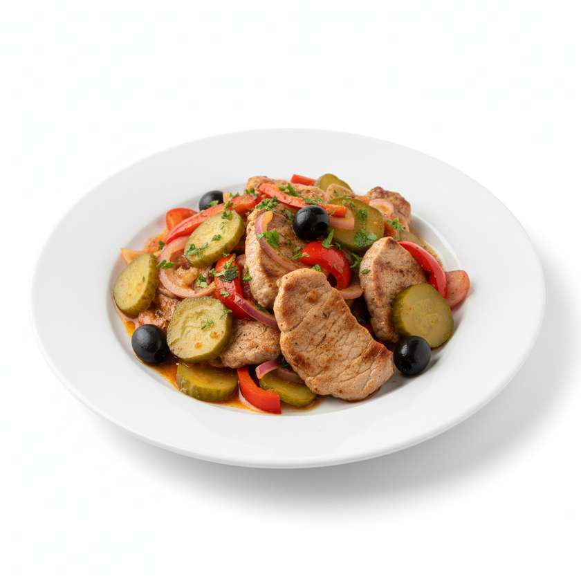 Pork Chop with Pickled Cucumber, Bell Pepper, Onion and Olives