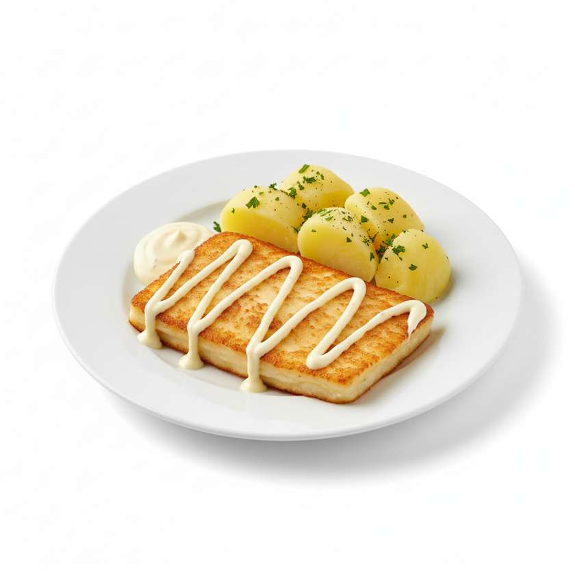 Fried Gouda cheese, boiled potatoes, tartar sauce