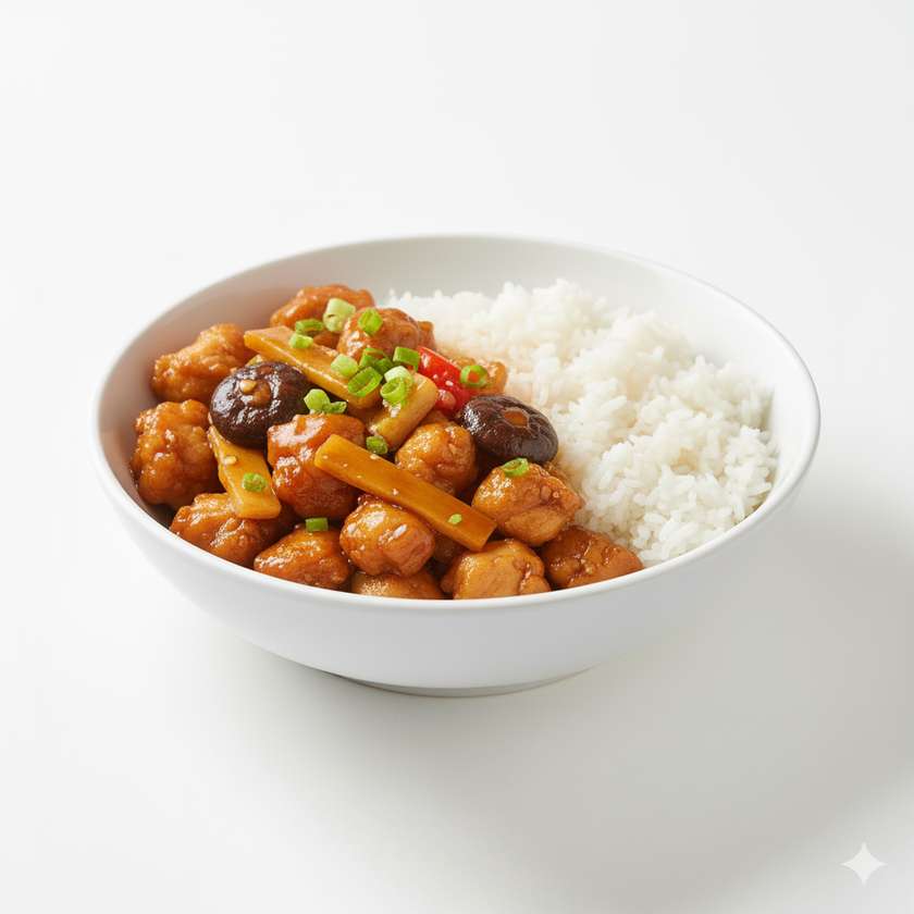 Kuřecí maso s bambusem a houbami s rýží