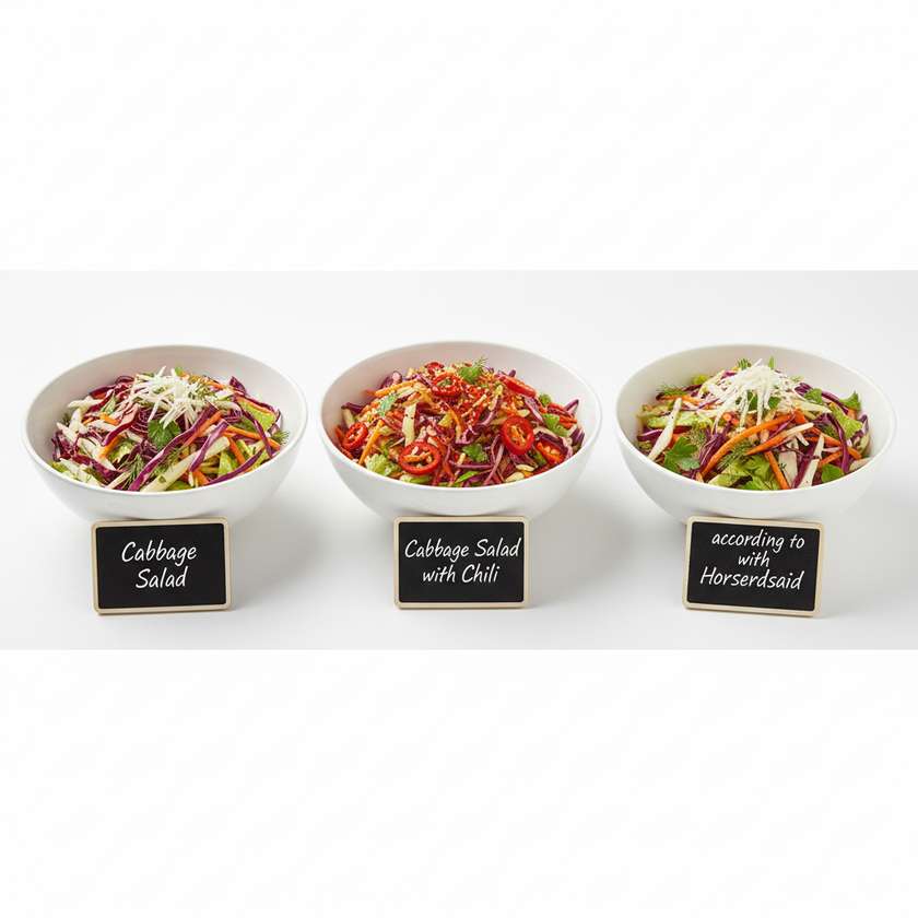 Cabbage Salad, Cabbage Salad with Chili, Cabbage Salad with Horseradish, according to the daily offer