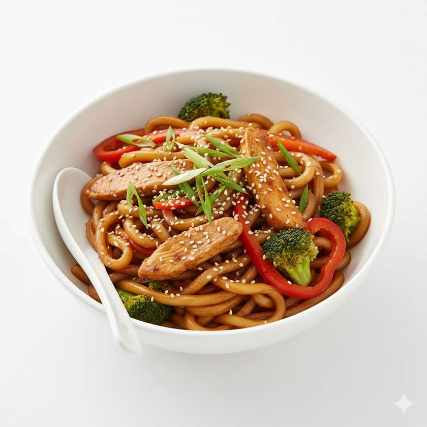 Smažené nudle udon s kuřecím masem