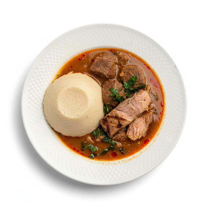 Fufu with palmnut Soup Served with Beef and Tuna