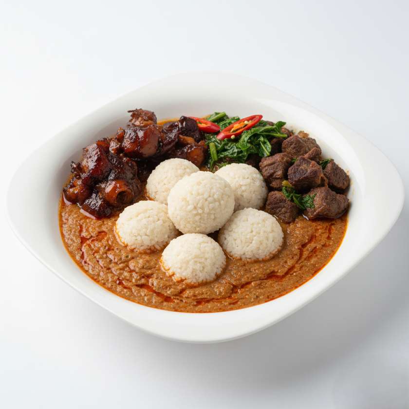 Rice balls with Groundnut Soup, Cow Leg and Beef