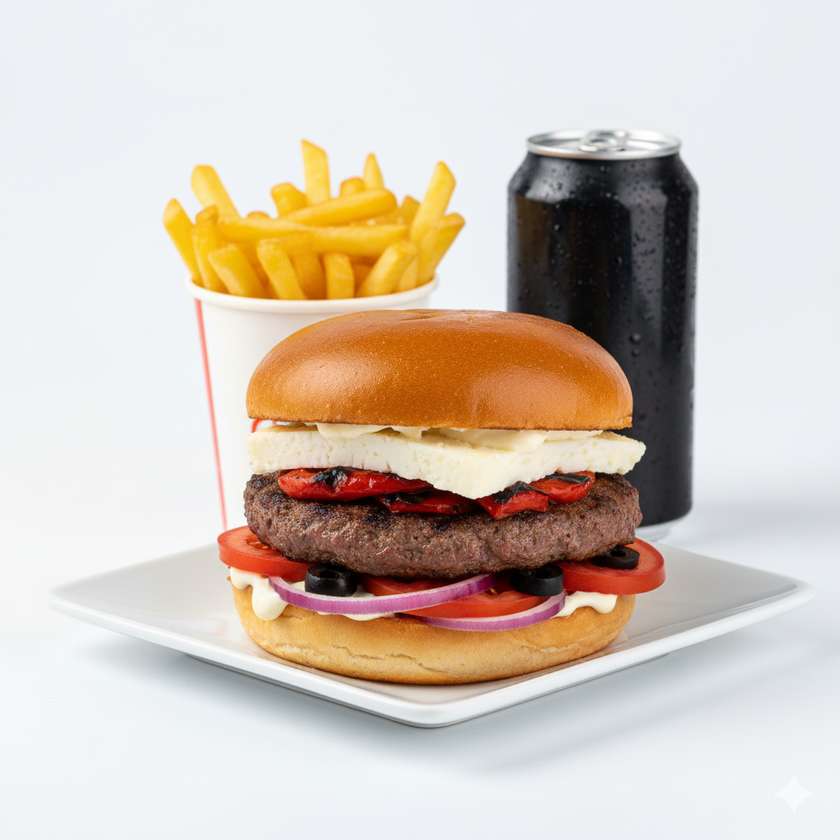 Balkánský burger + hranolky + nápoj dle výběru