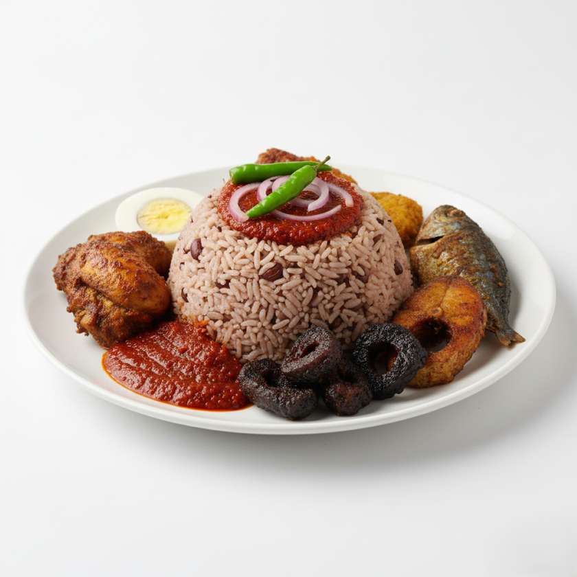 Waakye with Chicken, Fish, Egg and Wele