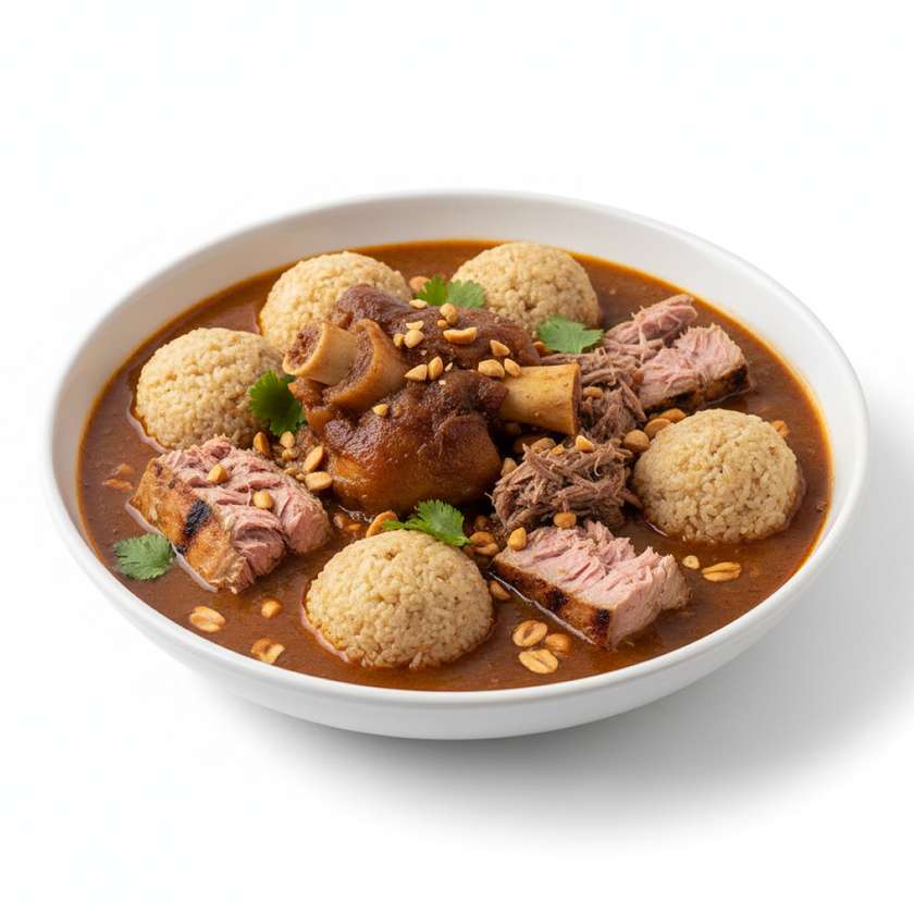 Rice balls with Groundnut Soup, Cow Leg, Tuna and Beef