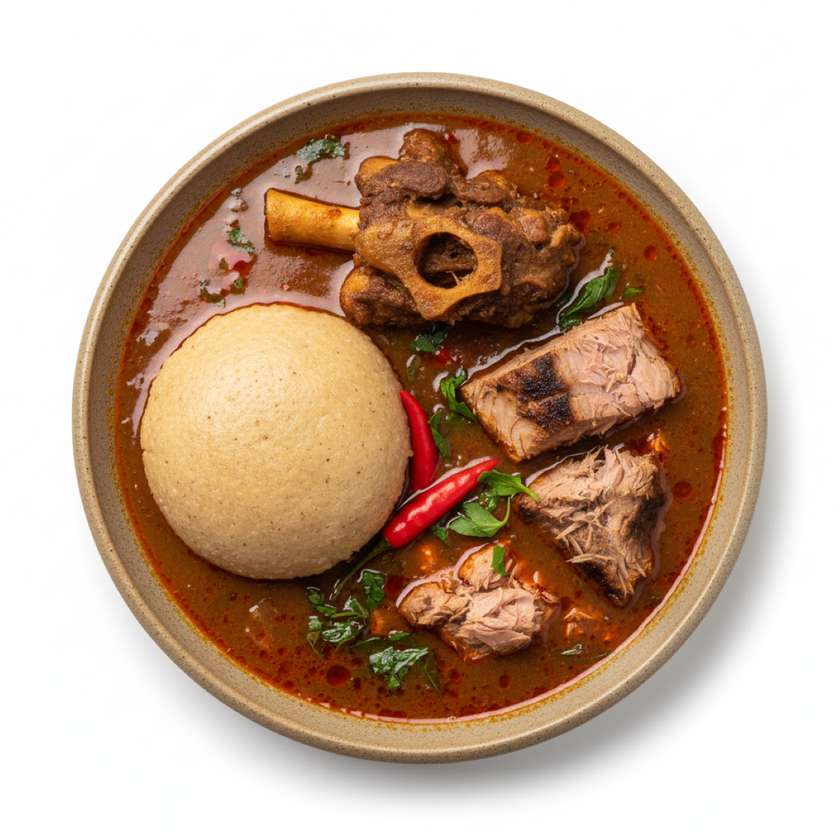 Fufu and Palmnut Soup Served with Cow Leg and Tuna