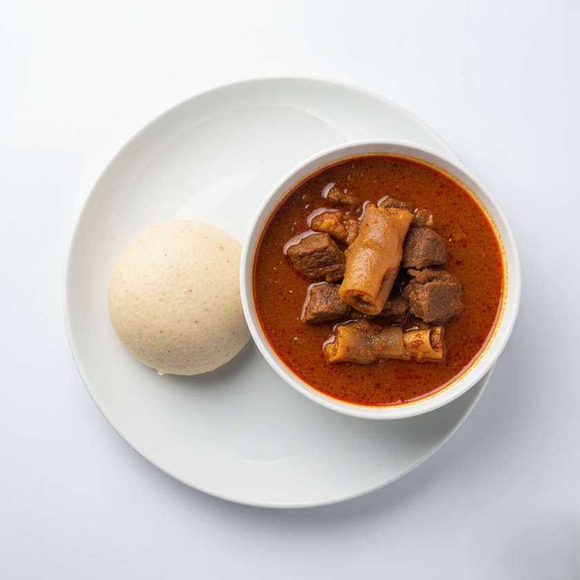 Fufu and Palmnut Soup Served with Beef and Cow Leg