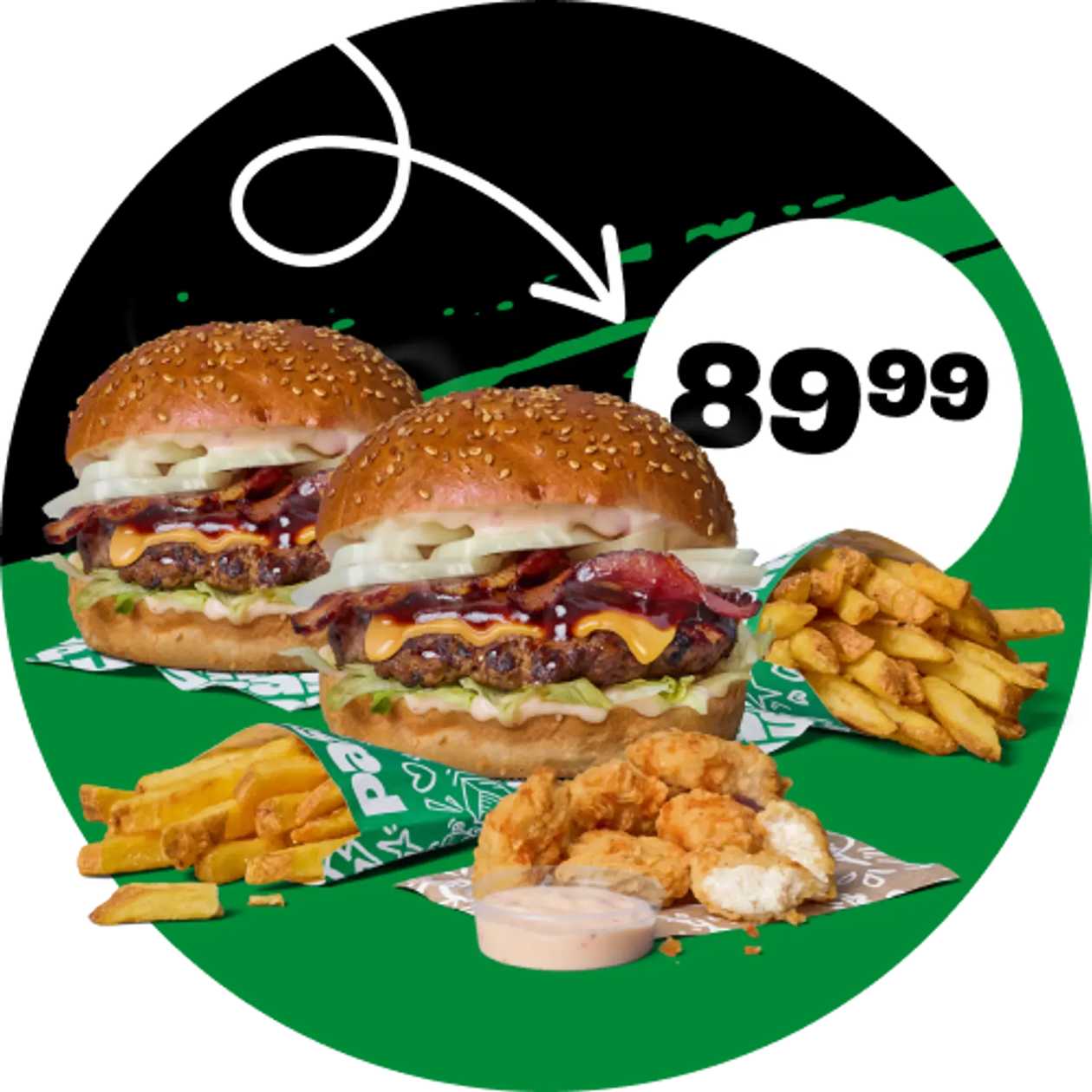 2x BEEF BURGER + 2x FRIES + 6 POPS