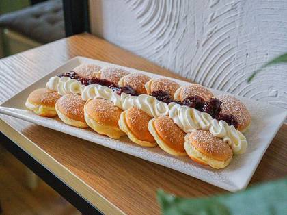 Mini Pancakes with Cherry Jam and Mascarpone