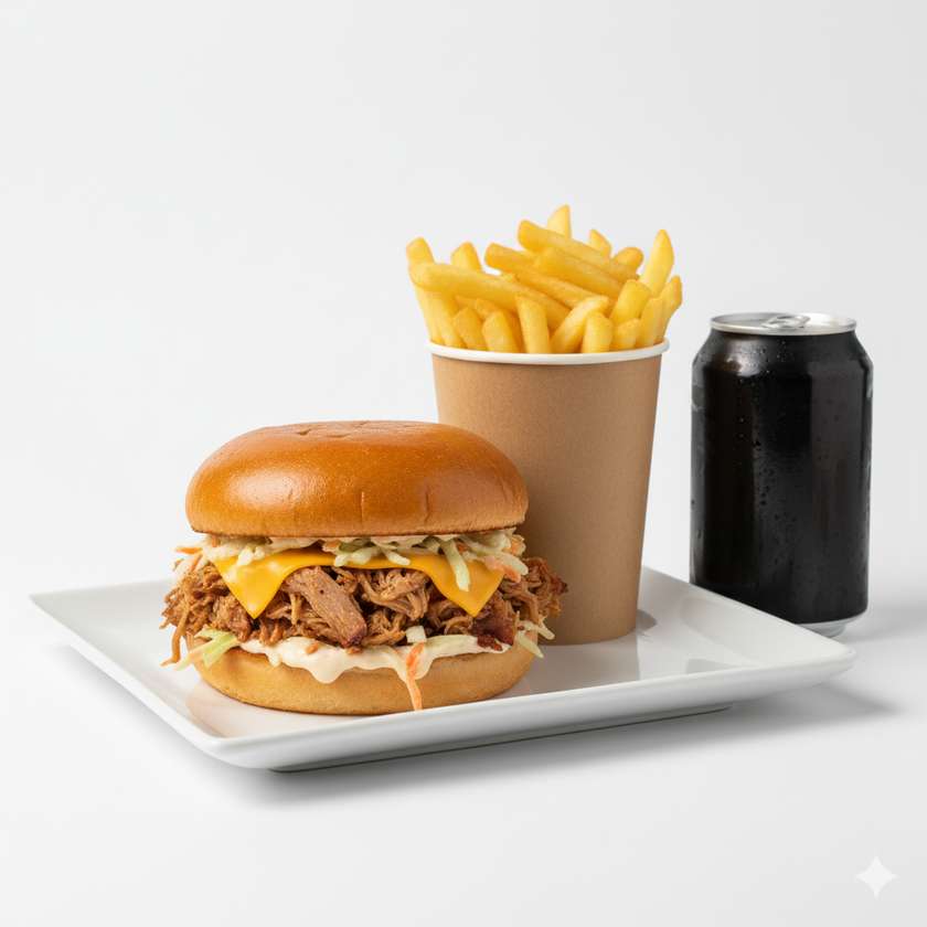 Pulled Pork + hranolky +  nápoj dle výběru