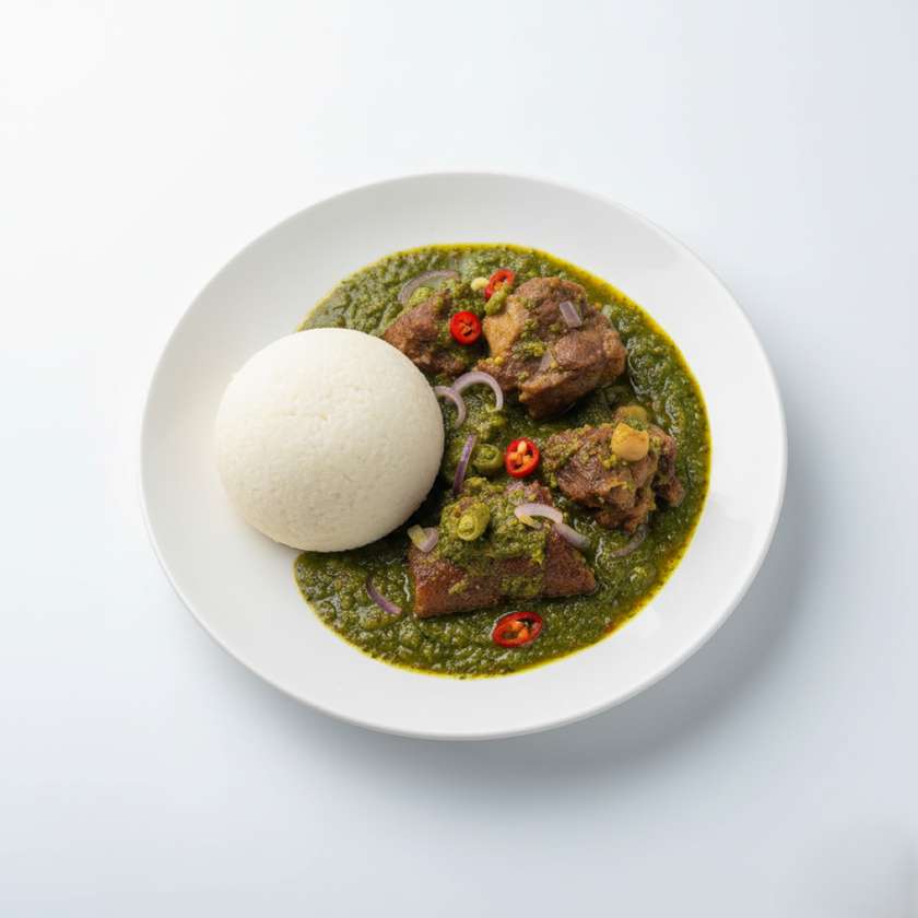 Banku with Okro Stew Served with Cow Leg and Wele