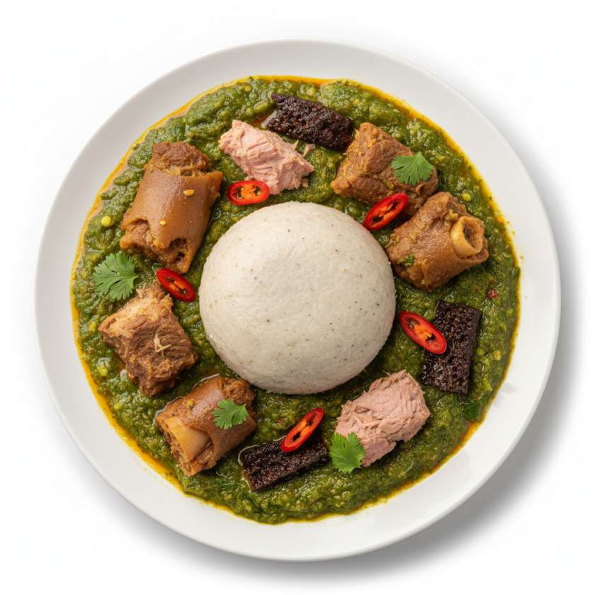 Banku with Okro Stew Served with Cow Leg, Tuna and Wele