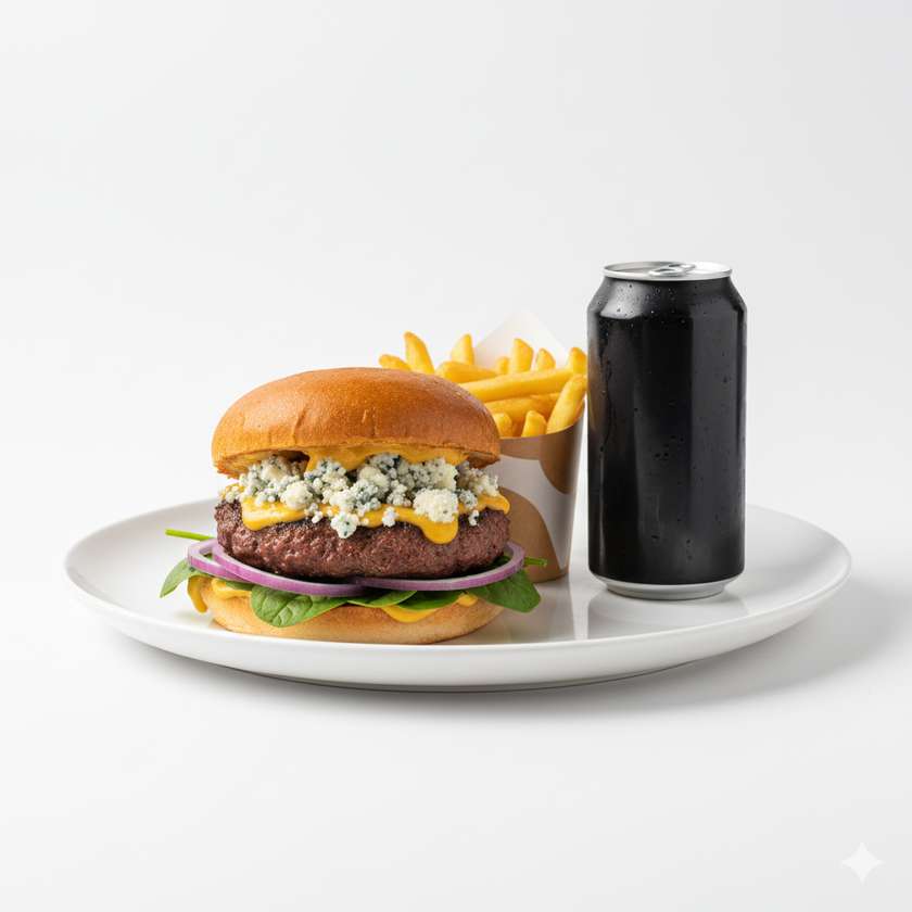 Blue cheese + hranolky + nápoj dle výběru