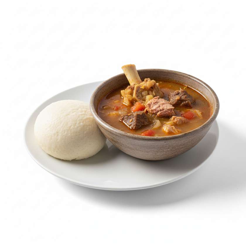 Fufu with Cow Leg, Beef and Tuna Light Soup