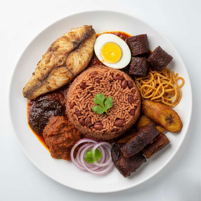 Waakye with Fish, Egg and Wele