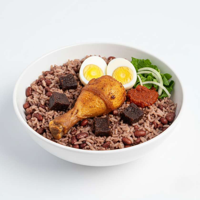 Waakye with Chicken, Egg and Wele