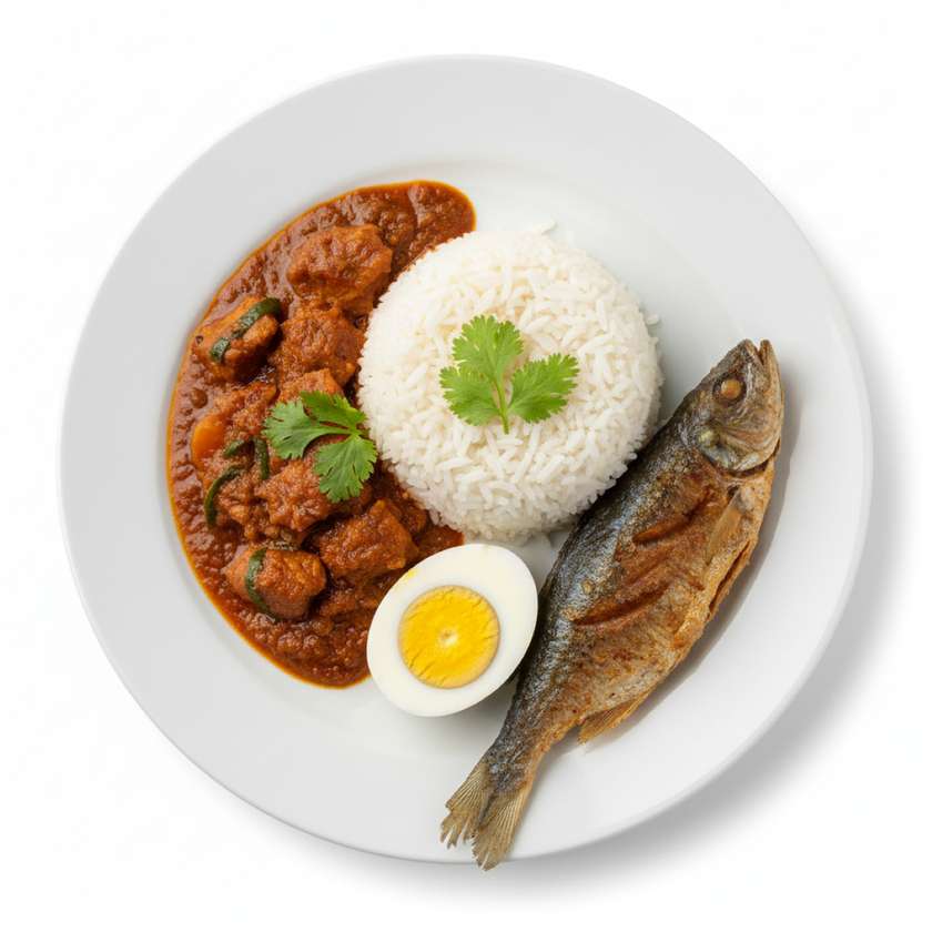 Plain Rice and Stew Served with Fish and Egg