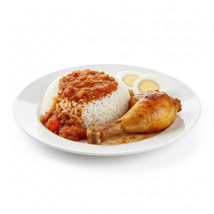 Plain Rice with Stew Served with Chicken and Egg