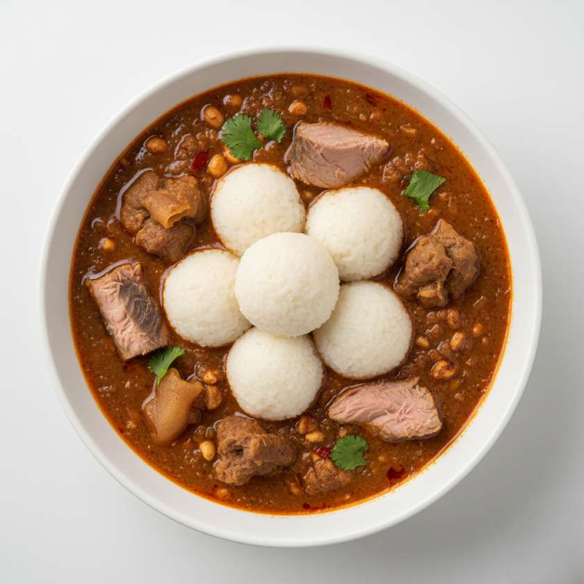 Rice balls with Groundnut Soup, Cow Leg and Tuna